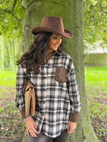 Navy Faux Leather Trim Checked Shirt Jess